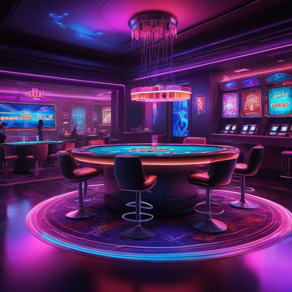 A lively gaming environment featuring a stylish casino with glamorous players at an extravagant poker table. Neon lights illuminate the room, enhancing the excitement of high-stakes games. Subtle risqué elements are woven into the decor, with seductive silhouettes visible in the background. Include bright chip stacks and enticing cocktails to epitomize fun and thrill. vibrant colors. cyberpunk.